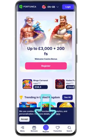 Offshore casinos sites homepage navigation for Fortunica signup